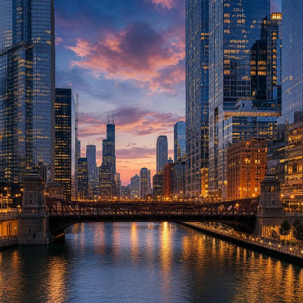 Chicago river and skyline at dusk.