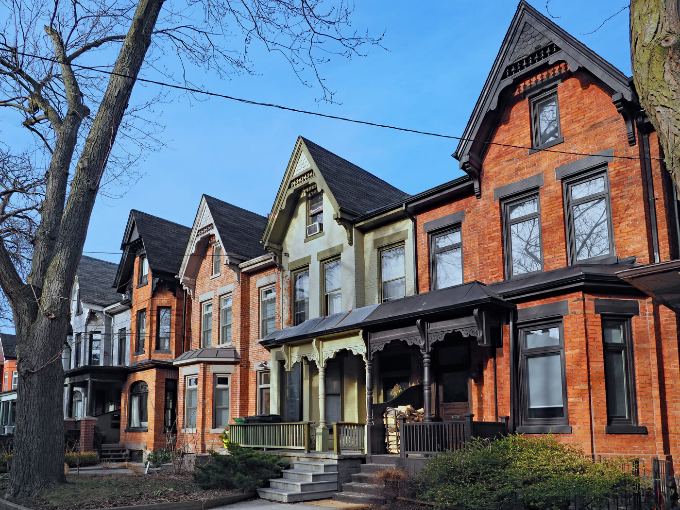 Row of brick houses with porches