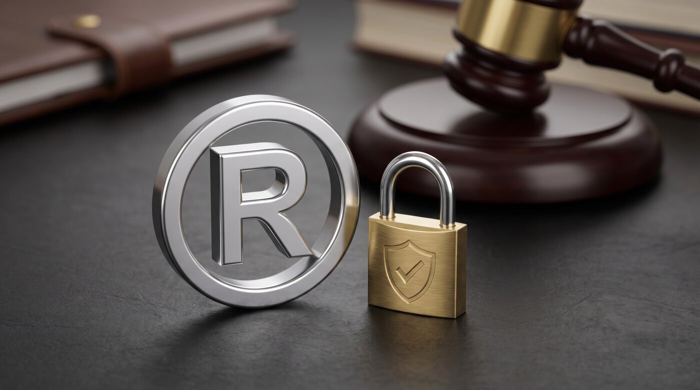 Registered trademark symbol and a padlock beside a judge’s gavel