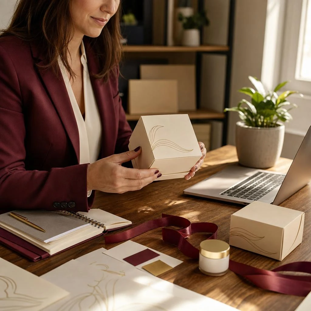 Illustrative scene of a business owner reviewing branded product packaging at a desk