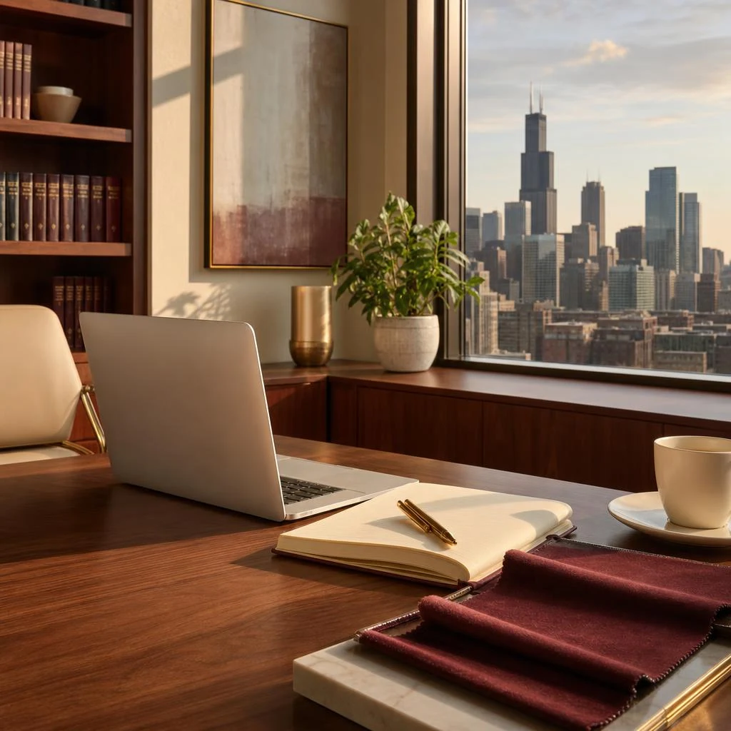 A warm legal workspace with notebooks and a laptop beside a Chicago skyline window