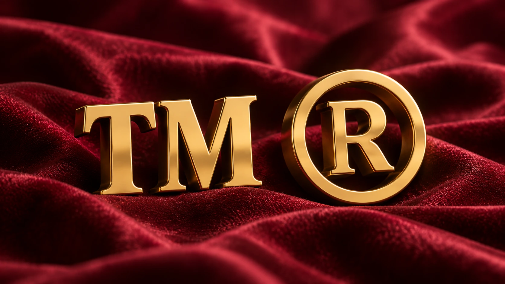 Gold trademark and registered trademark symbols on burgundy fabric