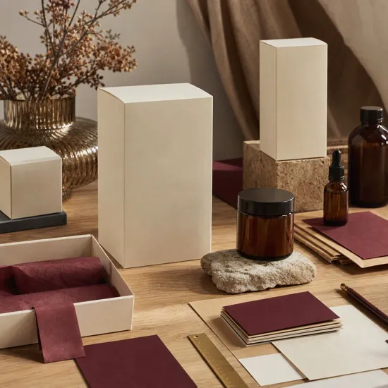 Unbranded cream product packaging and burgundy materials arranged for brand development