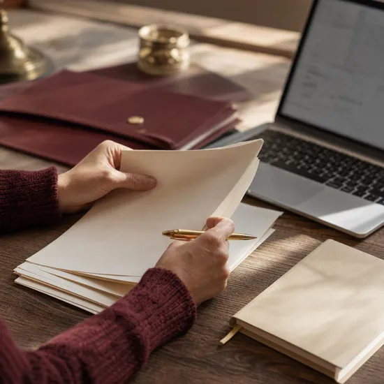 Hands preparing papers beside a laptop